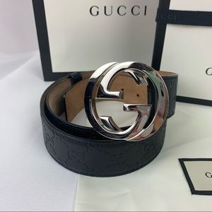 Gucci Signature Black Leather Silver Int G Belt 95